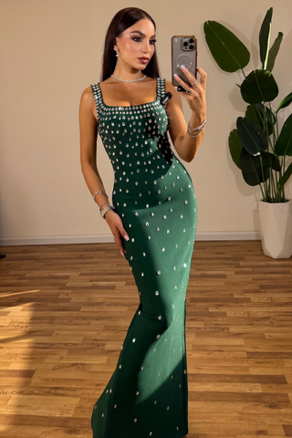 Luxury Rhinestone U-Neck Sleeveless Bandage  Elegant Bodycon Fit Long Dress