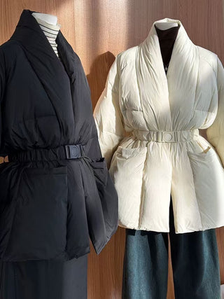 Premium Midi Puffer Jacket with Belt - White Duck Down Filled