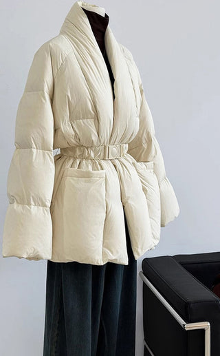 Premium Midi Puffer Jacket with Belt - White Duck Down Filled