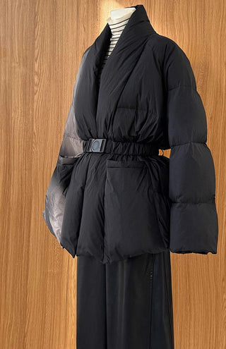 Premium Midi Puffer Jacket with Belt - White Duck Down Filled