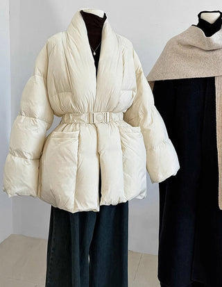 Premium Midi Puffer Jacket with Belt - White Duck Down Filled