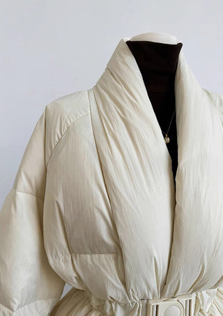 Premium Midi Puffer Jacket with Belt - White Duck Down Filled
