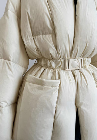 Premium Midi Puffer Jacket with Belt - White Duck Down Filled