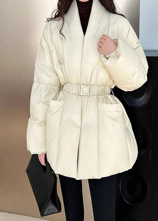 Premium Midi Puffer Jacket with Belt - White Duck Down Filled