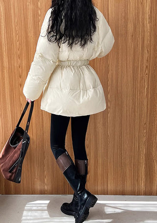 Premium Midi Puffer Jacket with Belt - White Duck Down Filled