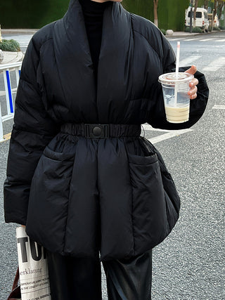 Premium Midi Puffer Jacket with Belt - White Duck Down Filled