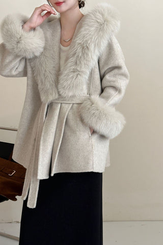 Luxury Belted Wool Coat with Faux Fur-Trimmed Hood and Cuffs