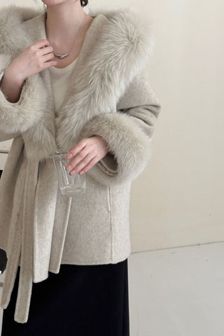 Luxury Belted Wool Coat with Faux Fur-Trimmed Hood and Cuffs
