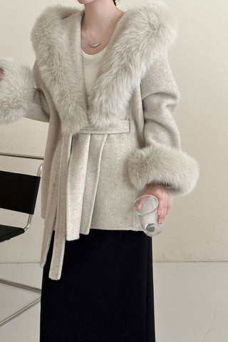 Luxury Belted Wool Coat with Faux Fur-Trimmed Hood and Cuffs
