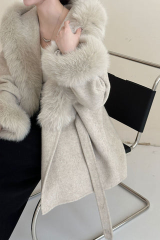 Luxury Belted Wool Coat with Faux Fur-Trimmed Hood and Cuffs