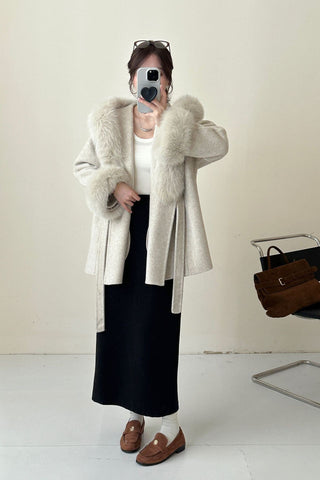 Luxury Belted Wool Coat with Faux Fur-Trimmed Hood and Cuffs
