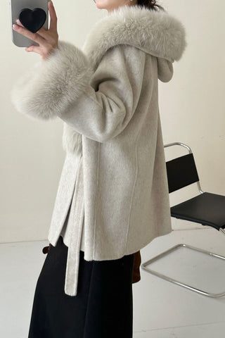 Luxury Belted Wool Coat with Faux Fur-Trimmed Hood and Cuffs