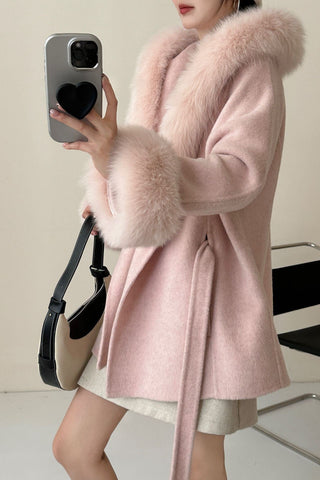 Luxury Belted Wool Coat with Faux Fur-Trimmed Hood and Cuffs