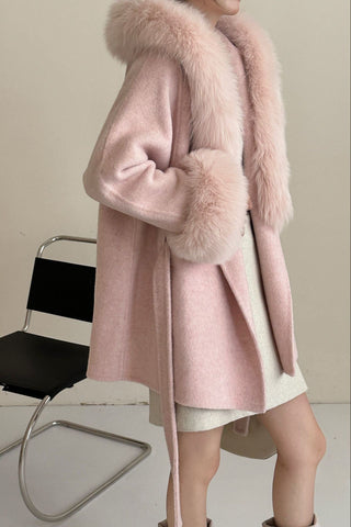 Luxury Belted Wool Coat with Faux Fur-Trimmed Hood and Cuffs