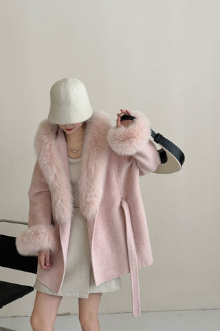 Luxury Belted Wool Coat with Faux Fur-Trimmed Hood and Cuffs