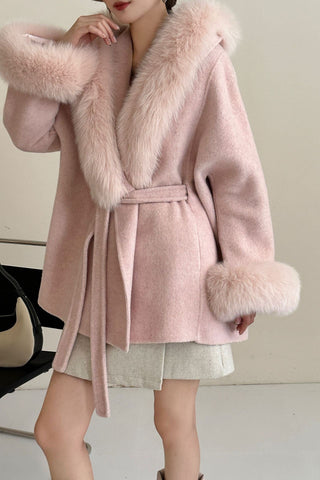 Luxury Belted Wool Coat with Faux Fur-Trimmed Hood and Cuffs