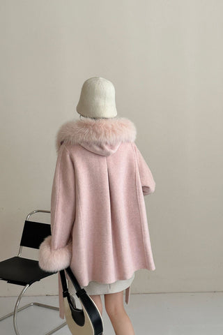 Luxury Belted Wool Coat with Faux Fur-Trimmed Hood and Cuffs