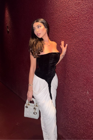 Premium Velvet Corset Strapless Long Dress with Sculpted Bodice and Pleated Draped Skirt