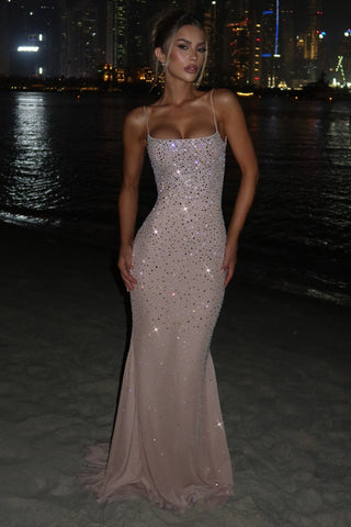 Crystal Embellished Backless Evening Mesh Long Dress