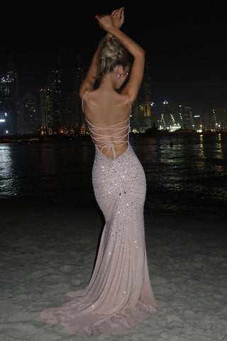 Crystal Embellished Backless Evening Mesh Long Dress