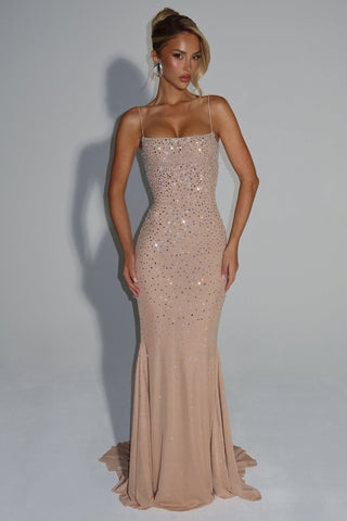 Crystal Embellished Backless Evening Mesh Long Dress