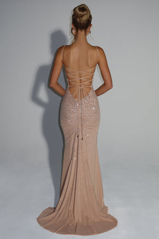 Crystal Embellished Backless Evening Mesh Long Dress