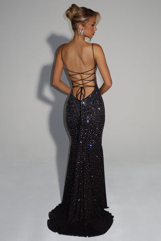 Crystal Embellished Backless Evening Mesh Long Dress