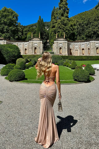 Crystal Embellished Backless Evening Mesh Long Dress