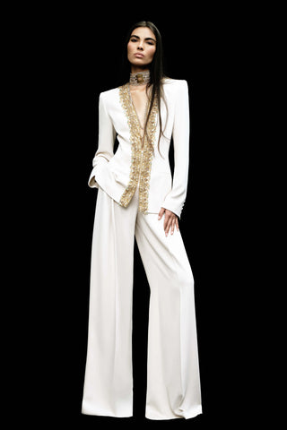 Elegant Embellished Blazer & Wide-Leg Pants Set – Tailored Formal Two-Piece Suit