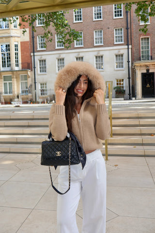 Faux Fur Trimmed Knitted Hooded Cardigan