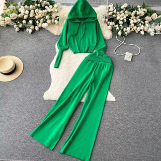 Knitted Two-Piece Set - Hooded Zippered Sweater & High-Waisted Wide-Leg Pants