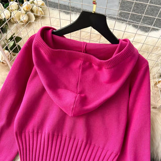 Knitted Two-Piece Set - Hooded Zippered Sweater & High-Waisted Wide-Leg Pants