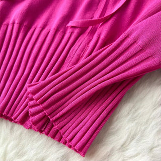 Knitted Two-Piece Set - Hooded Zippered Sweater & High-Waisted Wide-Leg Pants