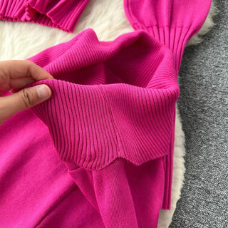 Knitted Two-Piece Set - Hooded Zippered Sweater & High-Waisted Wide-Leg Pants