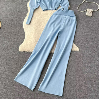 Knitted Two-Piece Set - Hooded Zippered Sweater & High-Waisted Wide-Leg Pants