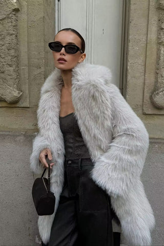 Luxury Faux Fur Long Coat with Wide Lapel Collar