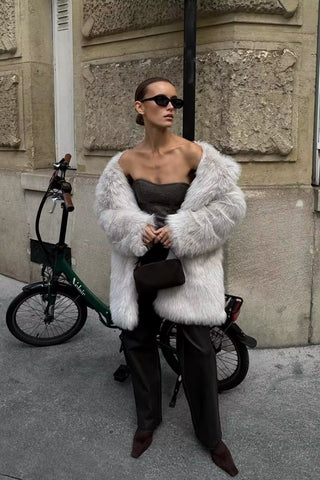 Luxury Faux Fur Long Coat with Wide Lapel Collar