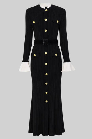 Long Sleeve Ribbed Knit Button-Down Midi Dress with Belt and Contrast Cuffs