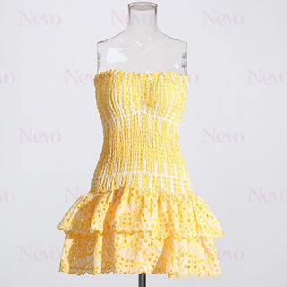 Daisy Embroidered Strapless Ruffles Mini Dress