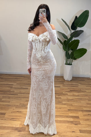 Off-Shoulder Long Sleeve Lace Mermaid Bridal Dress with 3D Floral Appliqué