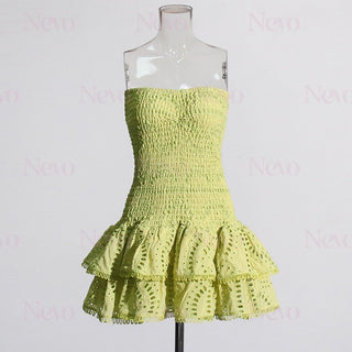 Daisy Embroidered Strapless Ruffles Mini Dress