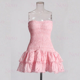 Daisy Embroidered Strapless Ruffles Mini Dress