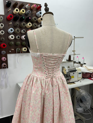 Floral Lace-Up Corset Midi Dress