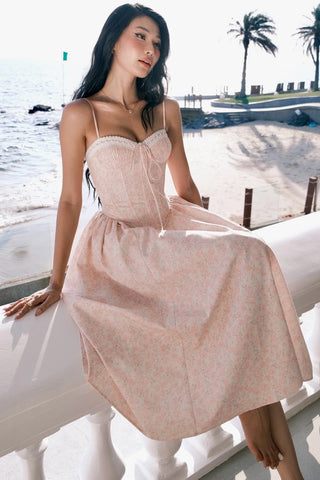 Floral Lace-Up Corset Midi Dress