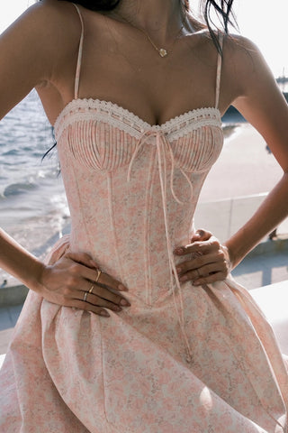 Floral Lace-Up Corset Midi Dress