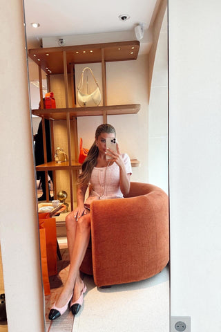 Pink Tweed Short Sleeve Mini Dress with Belt & Pearl Button Detail