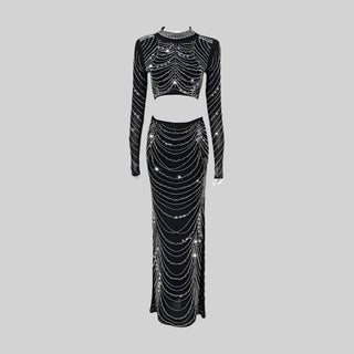 Black Rhinestone Chain Embellished Two-Piece Set: Cropped Top and Maxi Skirt