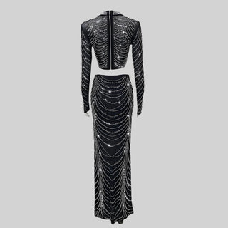 Black Rhinestone Chain Embellished Two-Piece Set: Cropped Top and Maxi Skirt