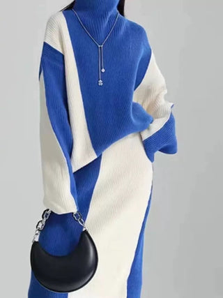 Cozy Ribbed Knit Two-Piece Set - Turtleneck Sweater and Midi Skirt