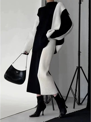 Cozy Ribbed Knit Two-Piece Set - Turtleneck Sweater and Midi Skirt